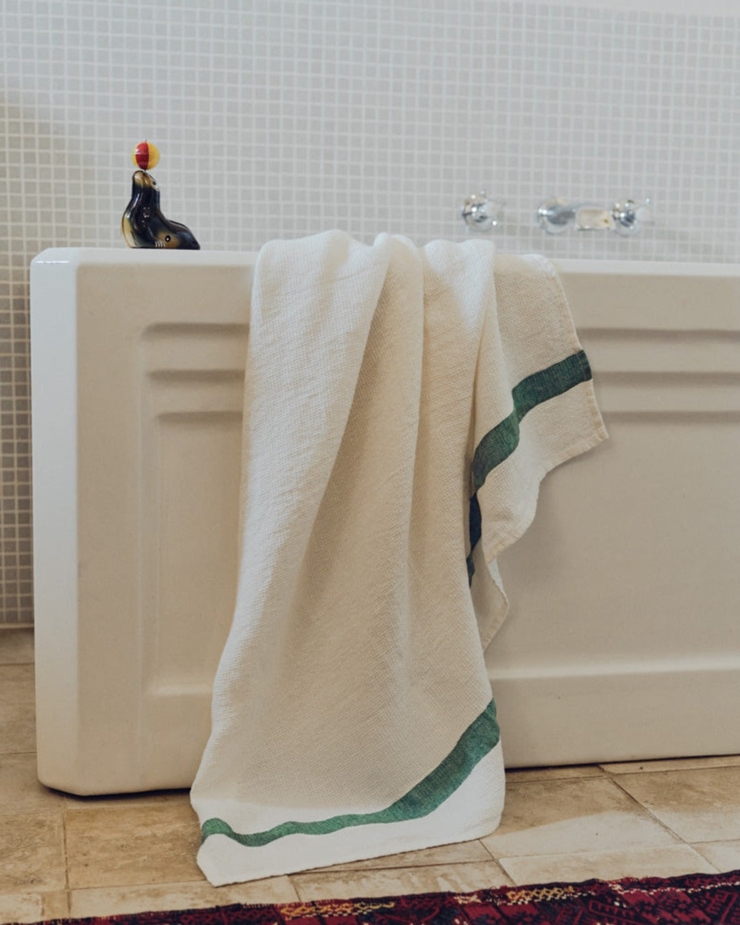 Merci - Serviette De Bain En Lin Nid D'Abeille - Bande Vert Potager