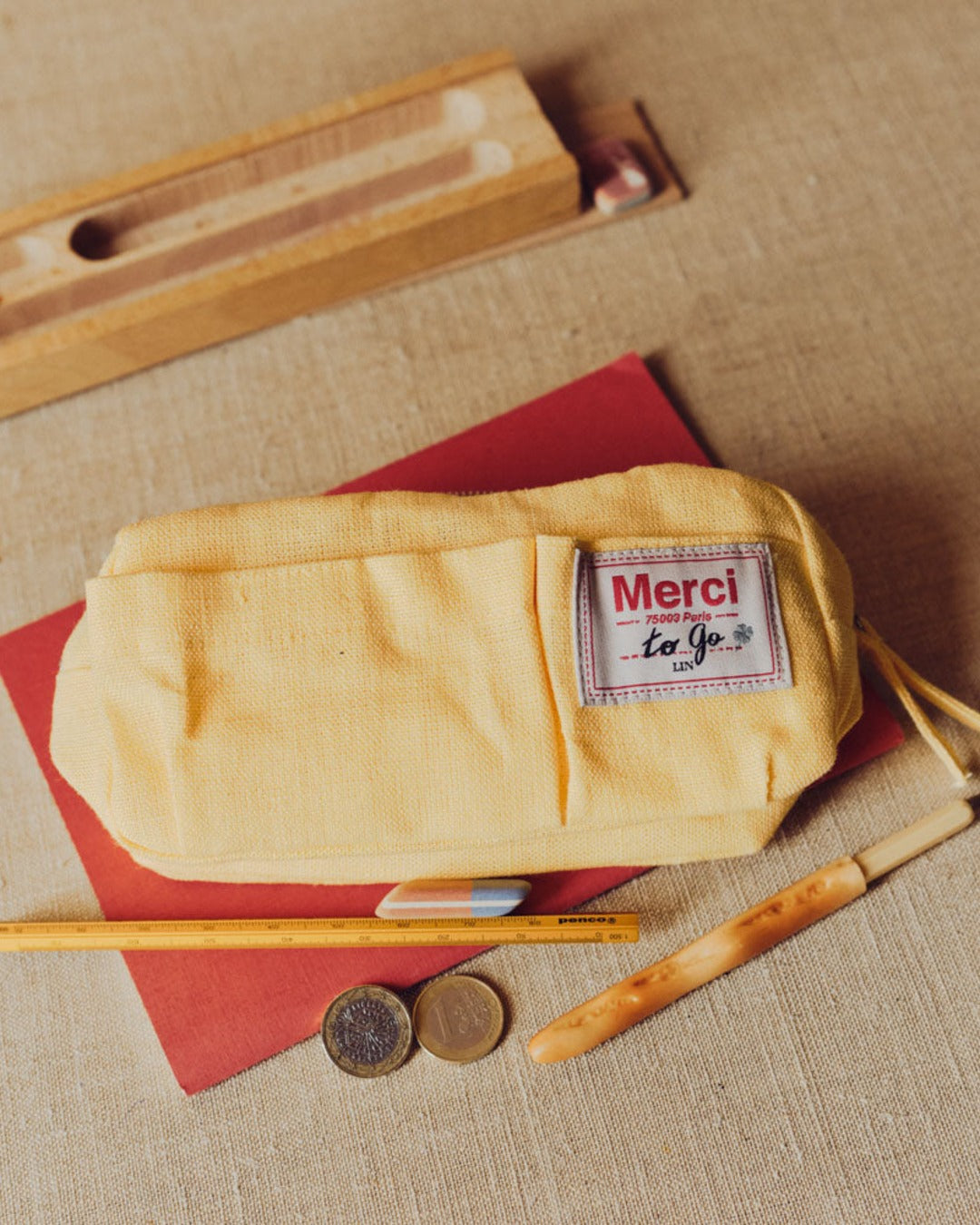 Merci - Trousse En Lin Lavé - Jaune Citronnade