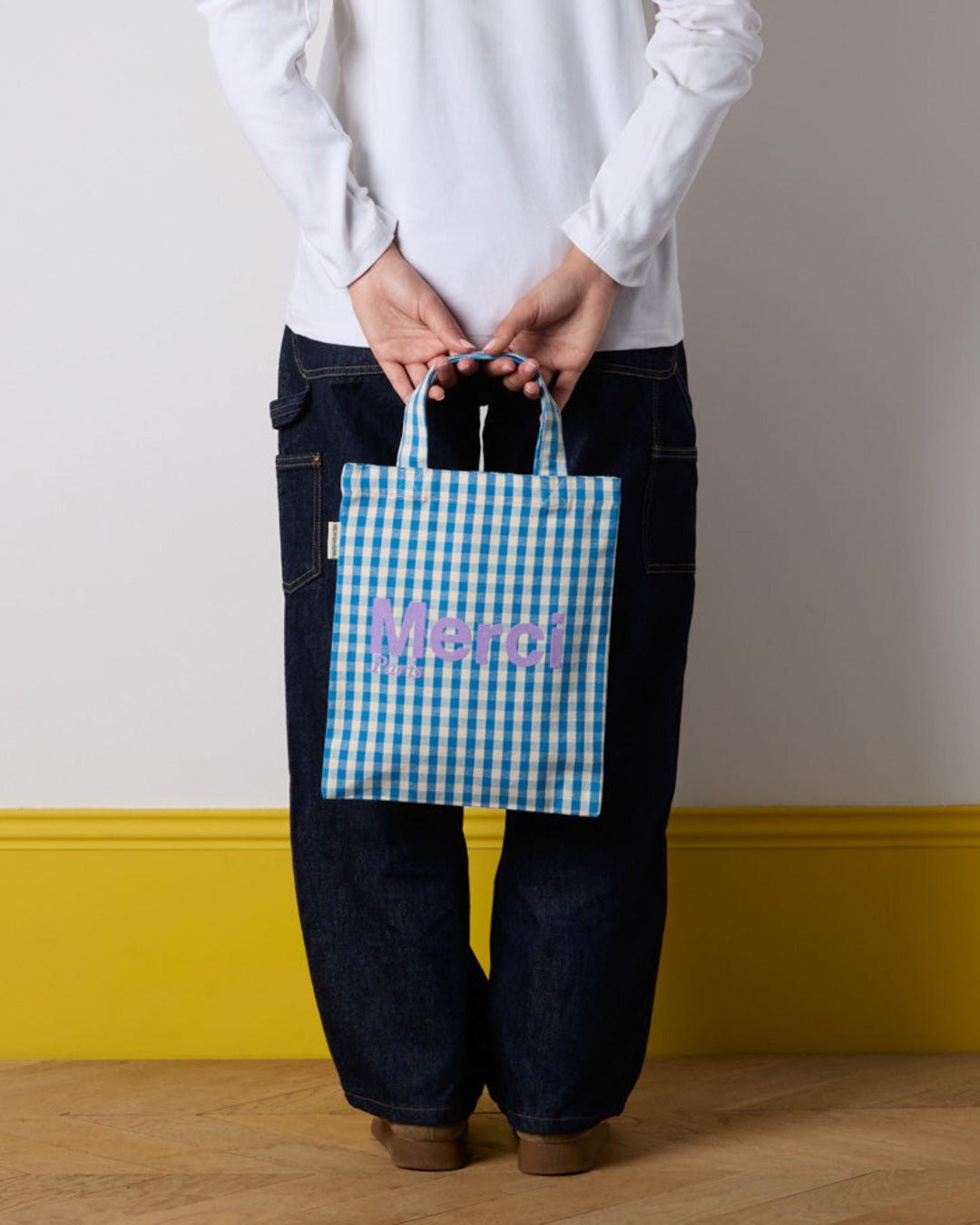 Merci - Vichy cotton tote bag - Blue and Ecru
