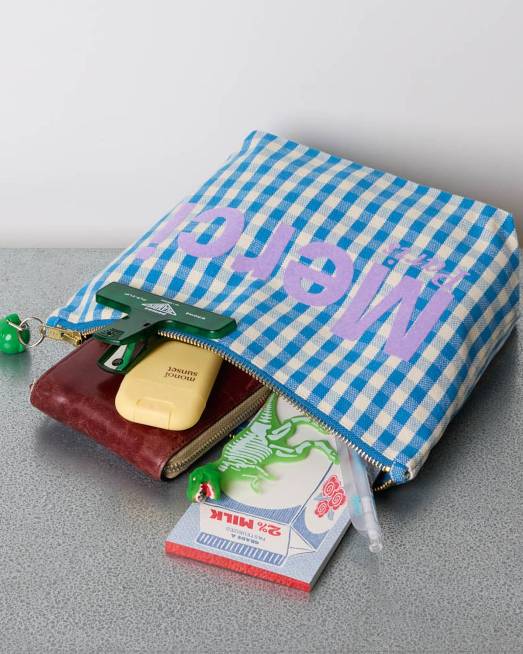 Merci - Pochette En Coton Vichy - Bleu & Ecru