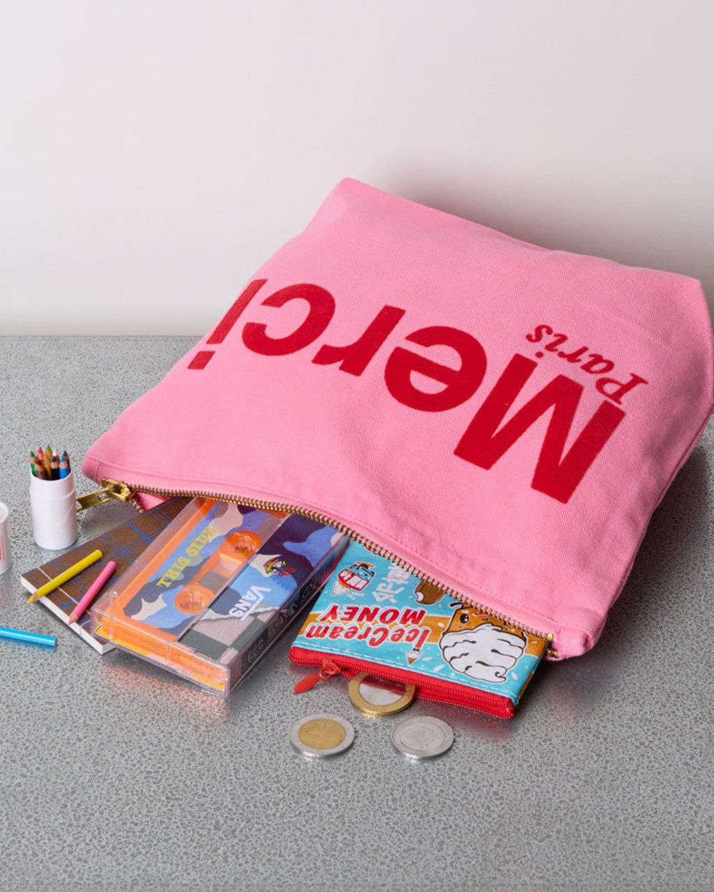 Merci - Pochette En Coton - Rose & Rouge