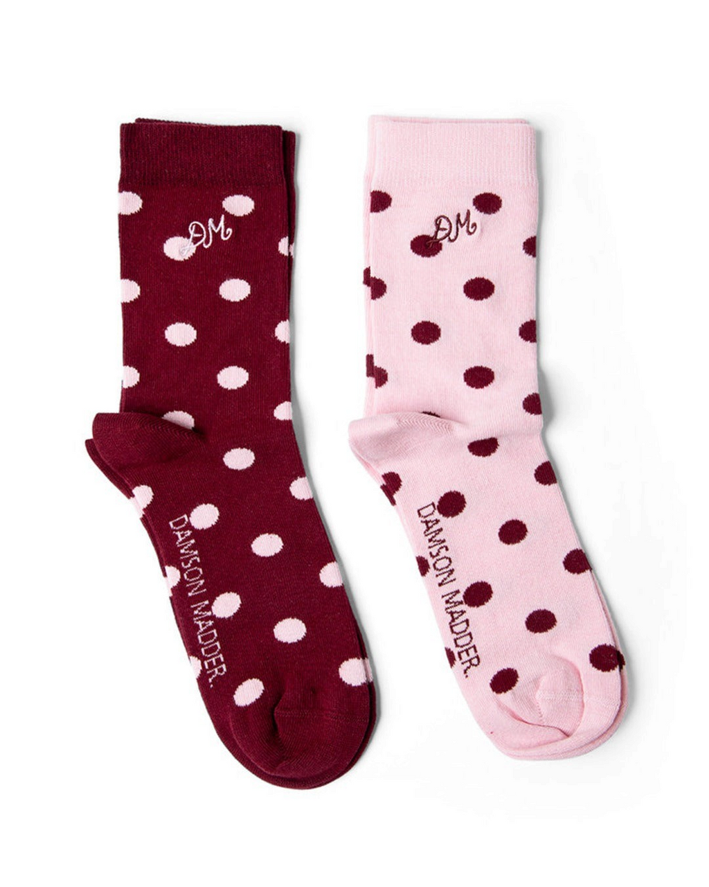 Lot de 2 paires de chaussettes Merci Paris Damson Madder en coton bio, motif pois rose et bordeaux avec logo brodé.