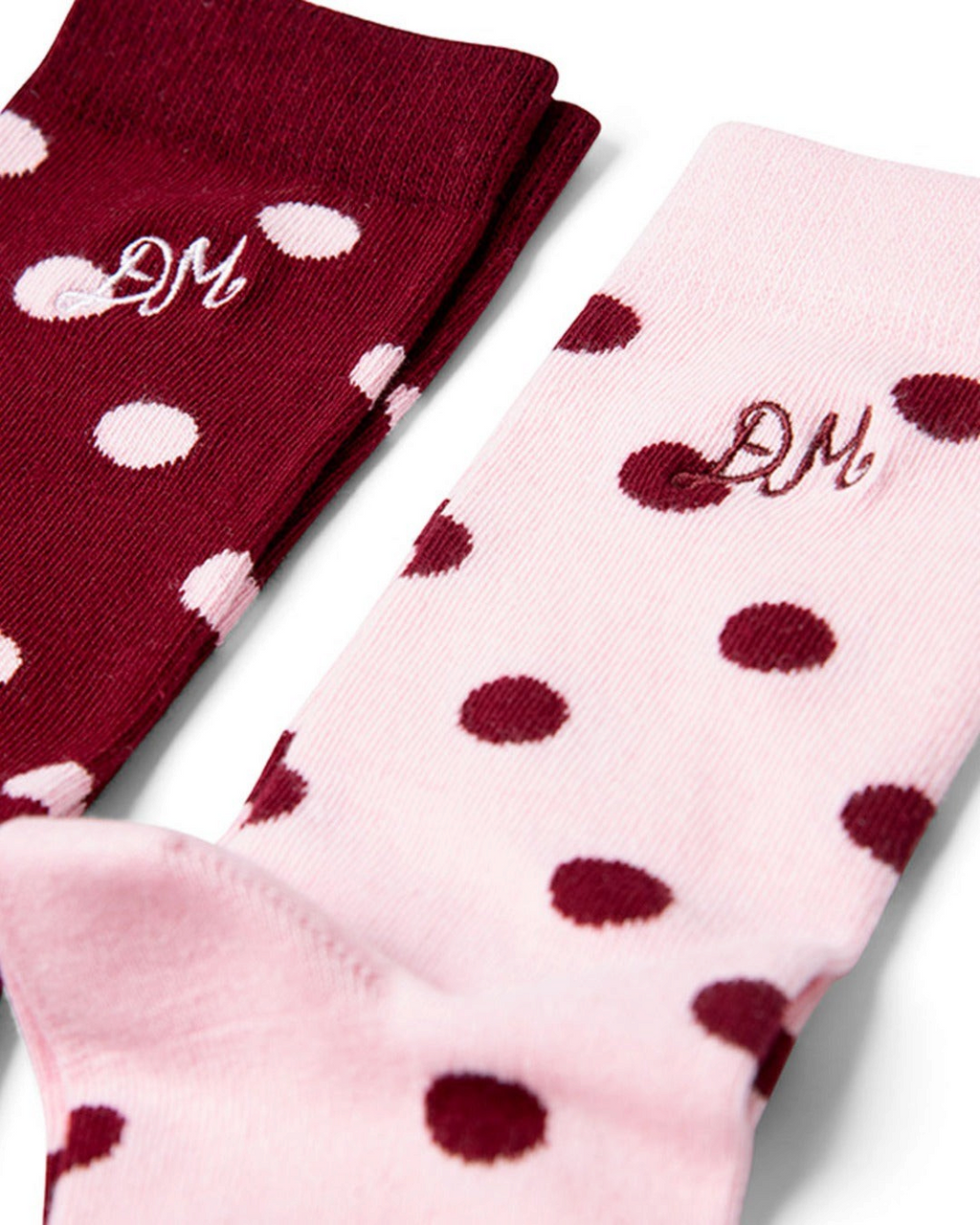 Lot de 2 paires de chaussettes Merci Paris Damson Madder en coton bio, rose et bordeaux à pois avec broderie DM