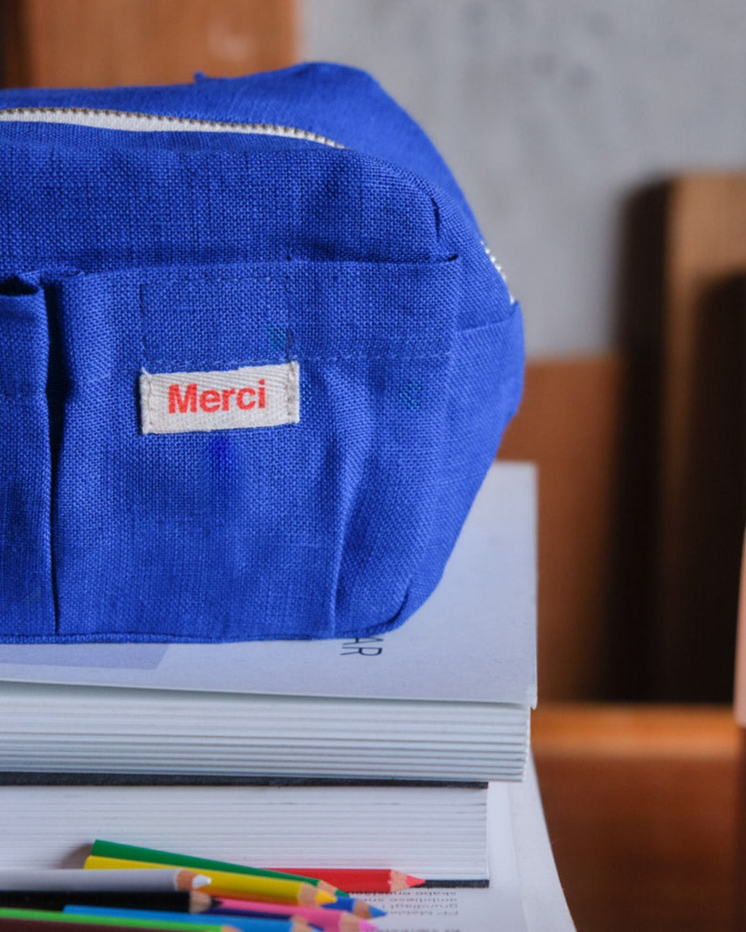 Merci - Washed linen pencil case - Blue Cobalt-60