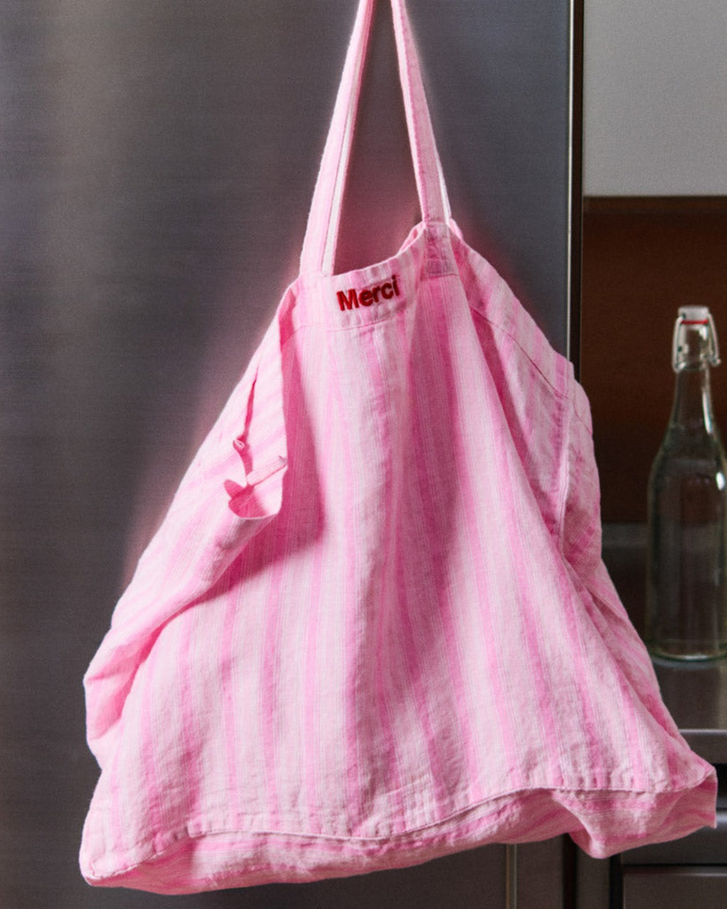 Merci - Washed linen Merci shopping bag - Pink Weft Stripes