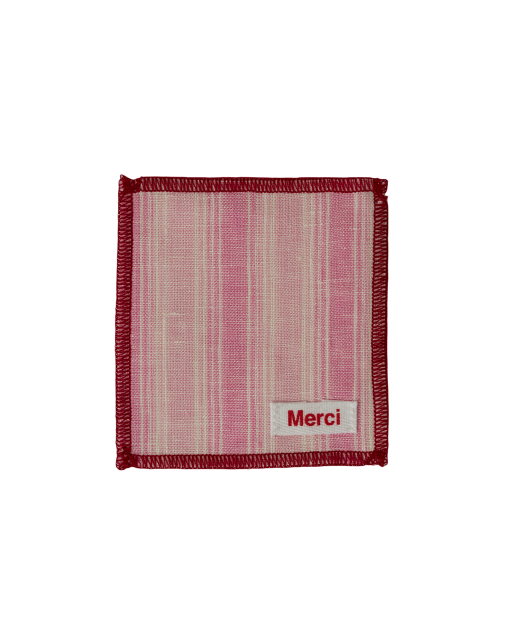 Dessous de verre Merci Paris en lin lavé rose à rayures avec bordure contrastée et étiquette de marque