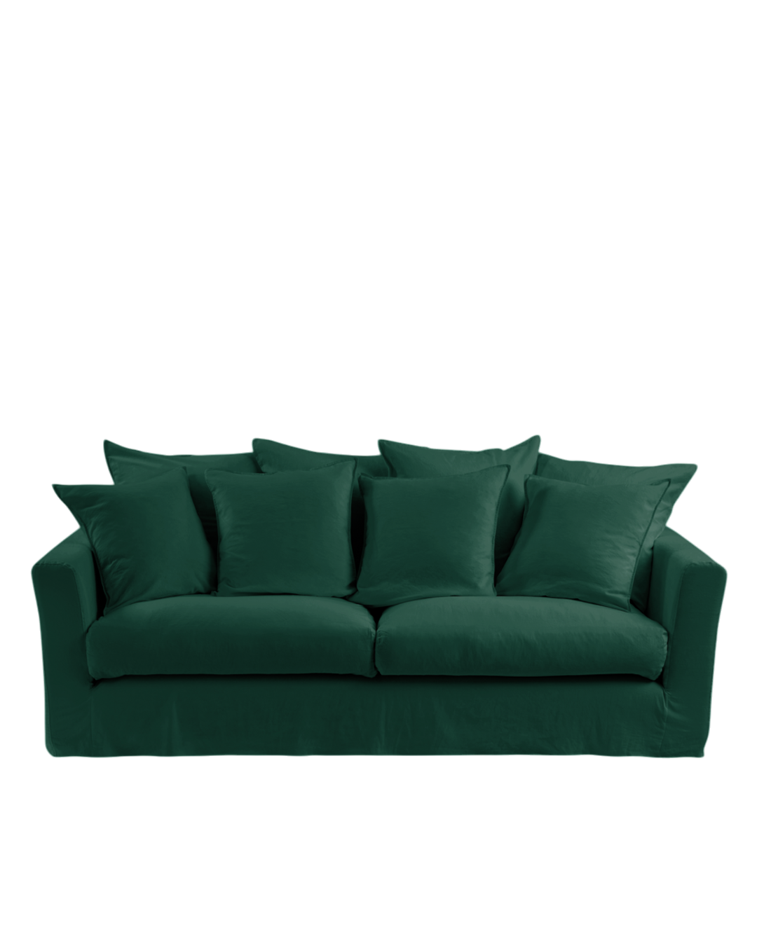 Canapé convertible 3 places Merci Paris en tissu vert séquoia avec nombreux coussins moelleux, design français déhoussable