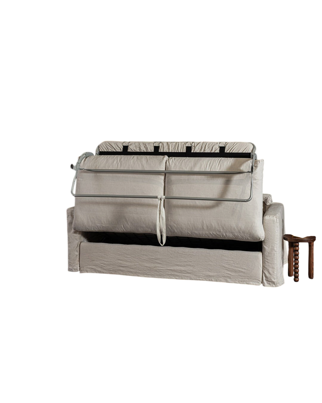 Canapé convertible Merci Paris 3 places en tissu beige avec mécanisme de lit déplié et structure en bois massif