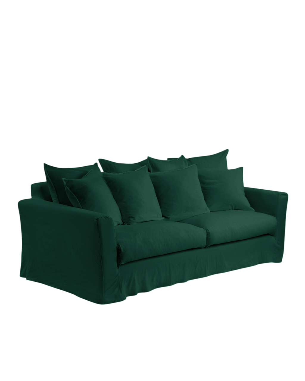 Canapé Merci Paris déhoussable en tissu vert séquoia avec nombreux coussins moelleux, design français durable