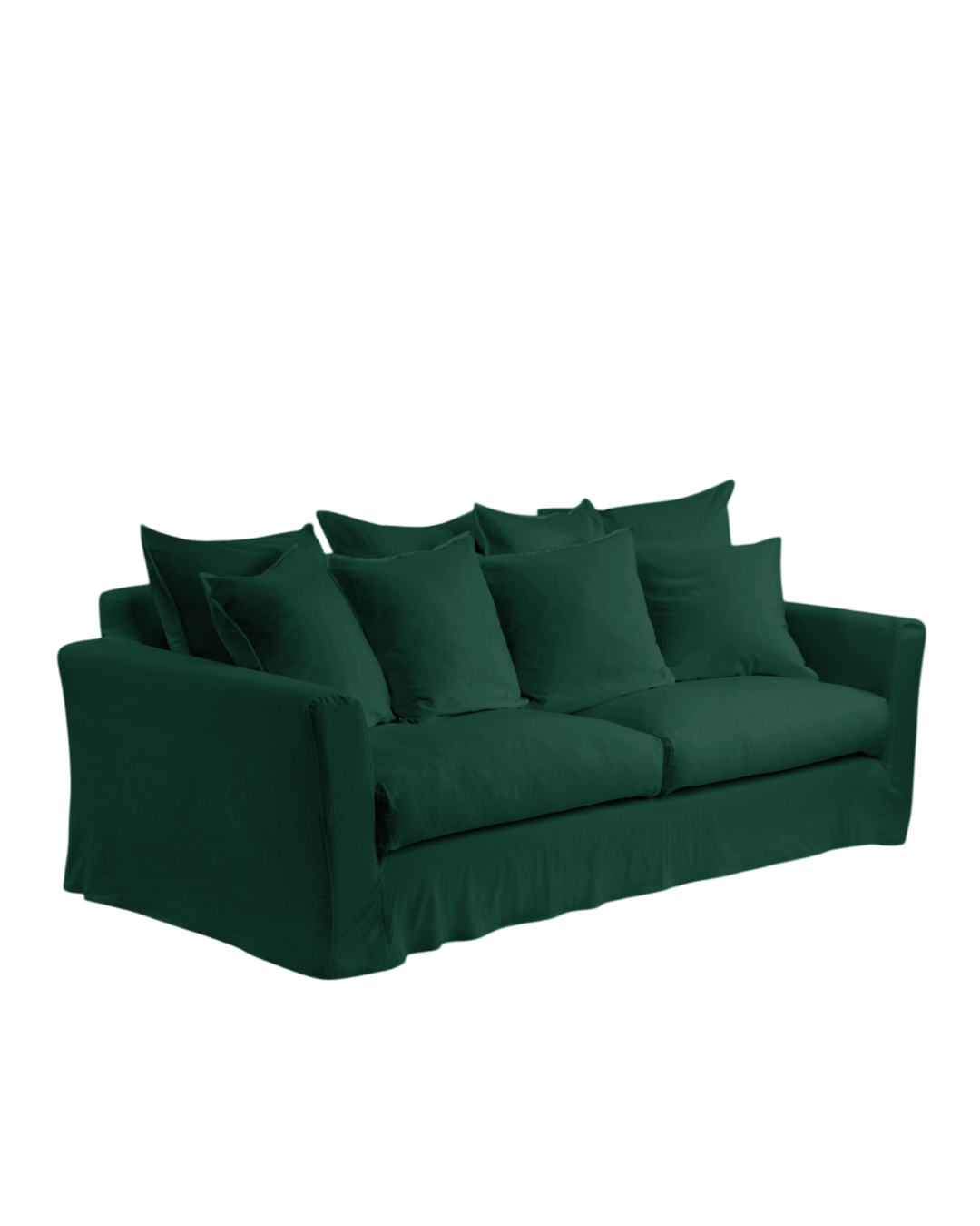 Canapé Merci Paris déhoussable en tissu vert séquoia avec nombreux coussins moelleux, design français durable