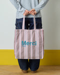 Merci - Tote Bag En Coton Hickory - Rouge Bleu & Marron