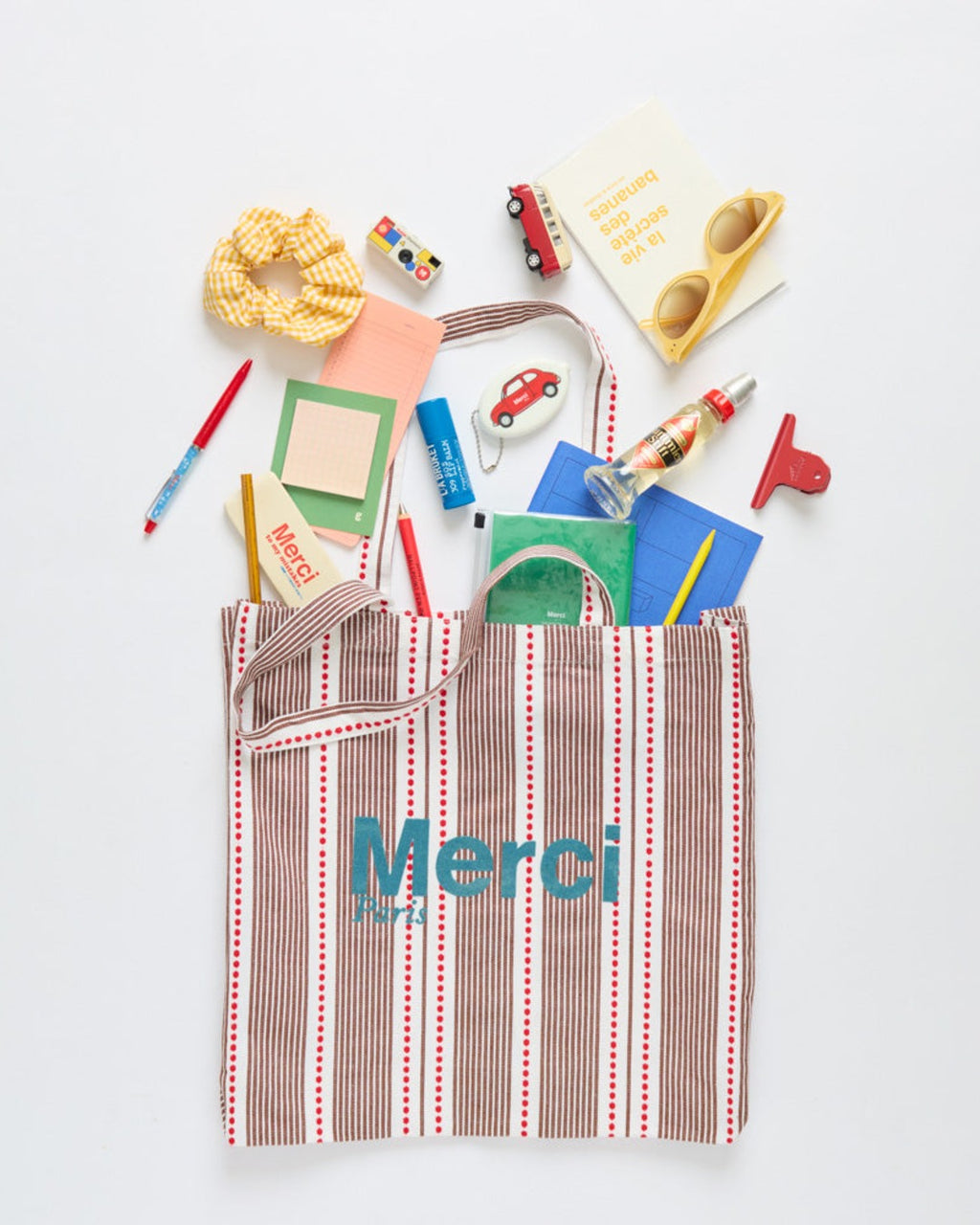 Merci - Tote Bag En Coton Hickory - Rouge Bleu & Marron