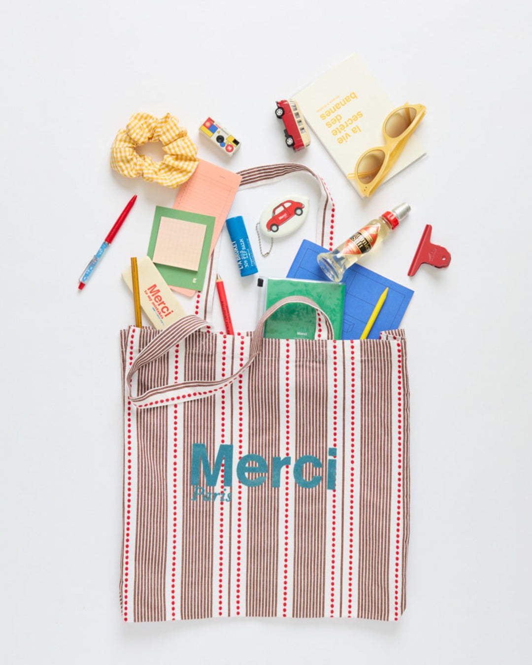 Merci - Tote Bag En Coton Hickory - Rouge Bleu & Marron