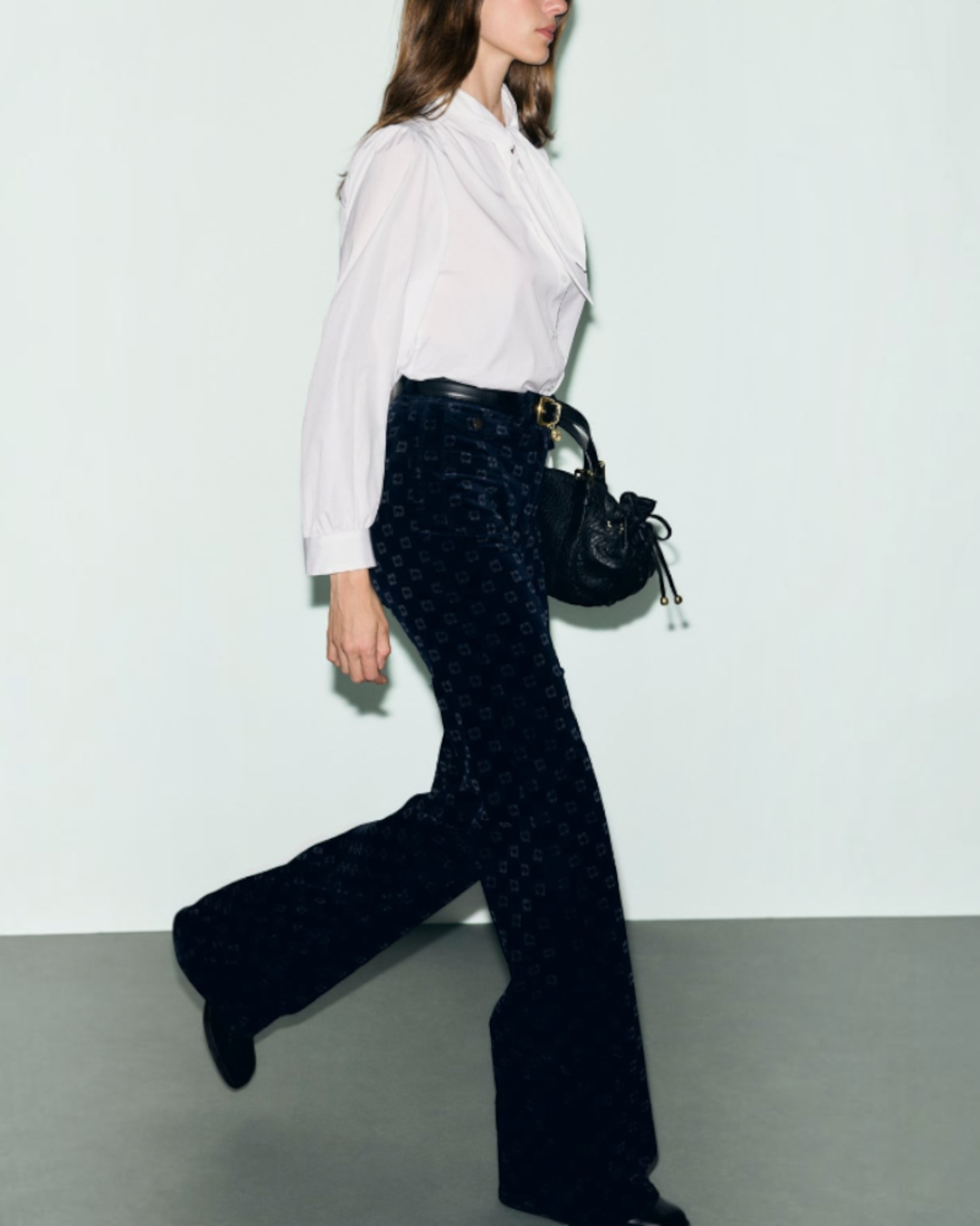 Gerard Darel - Anna Monogram Velvet Flare Pants - Navy