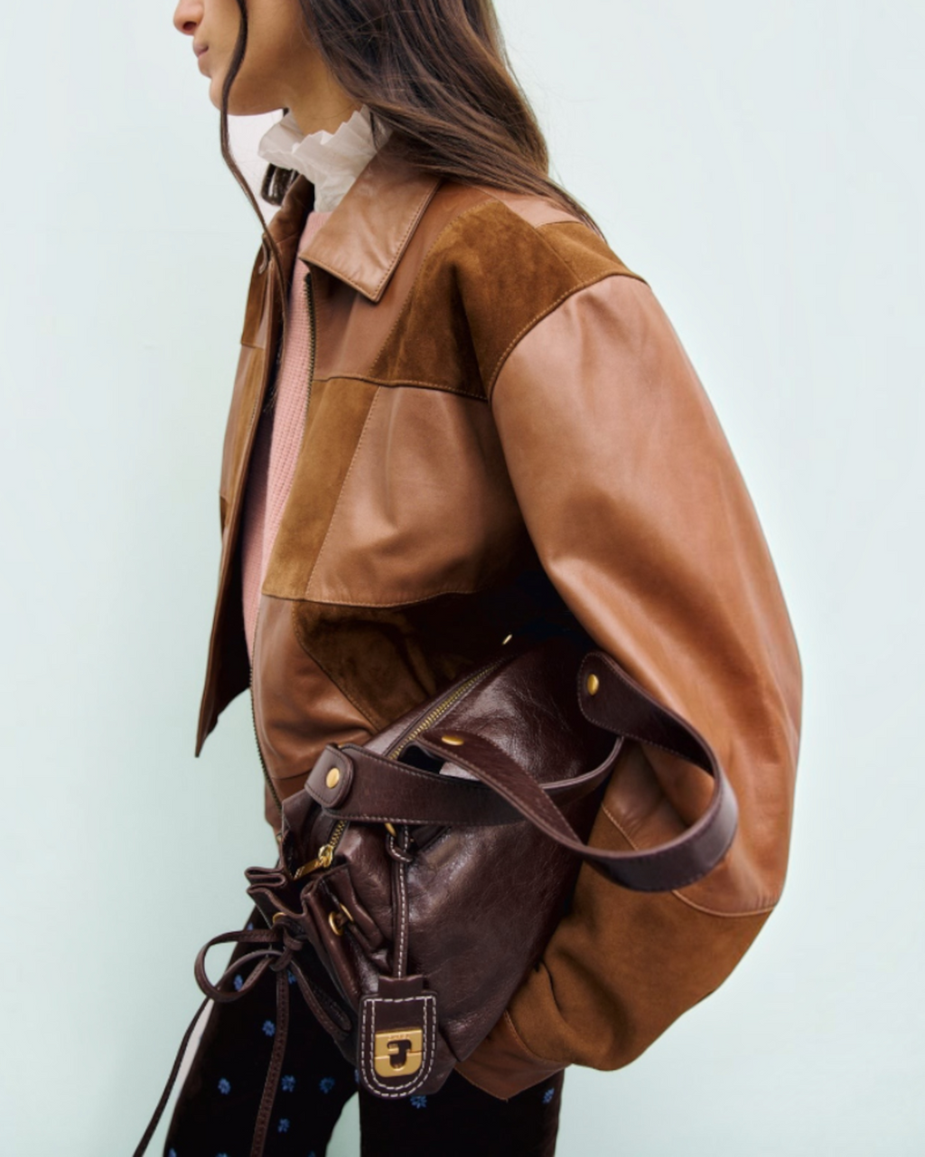 Gerard Darel - Blouson En Cuir À Empiècements Jao - Marron