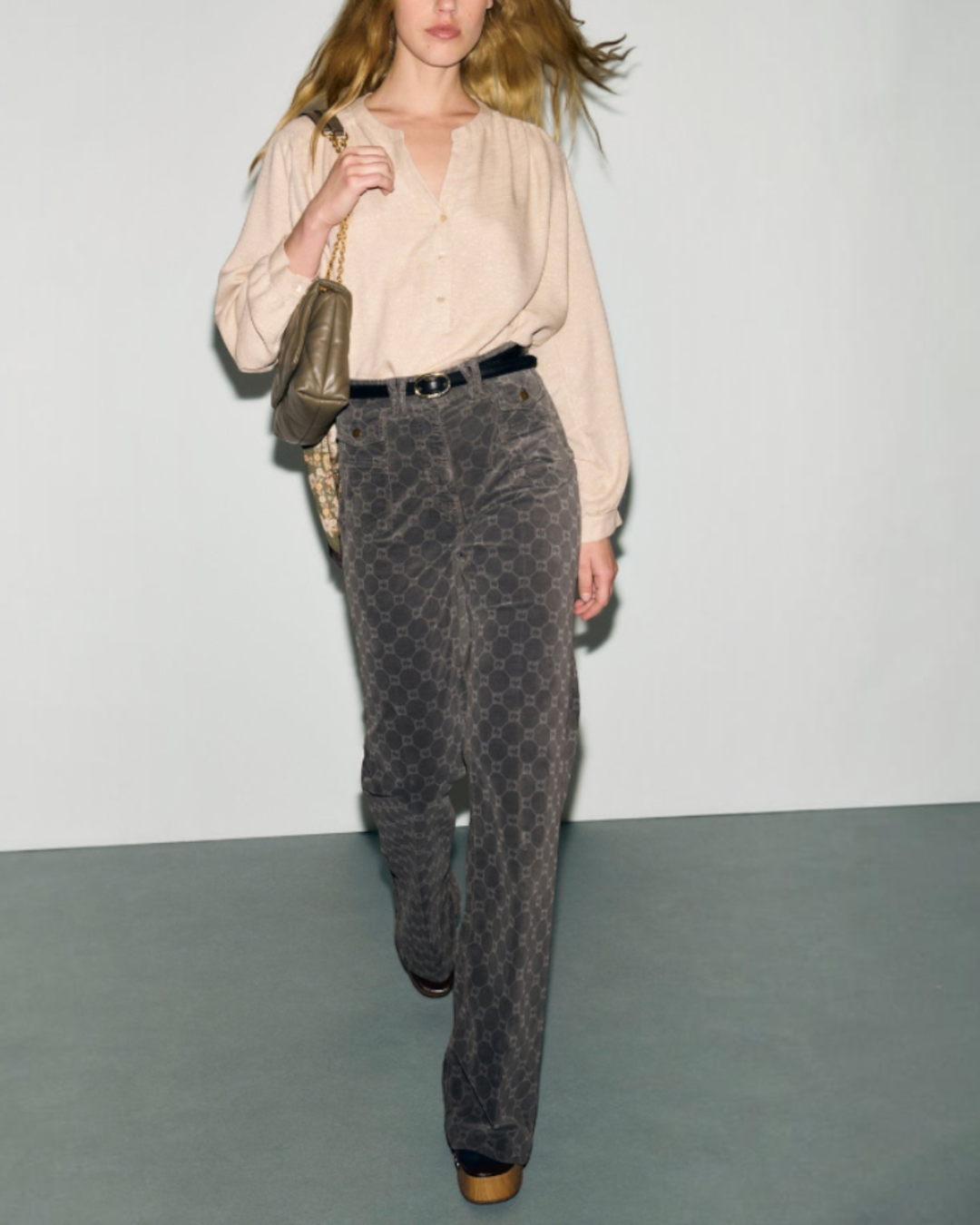 Gerard Darel - Anna Monogram Velvet Flare Pants - Grey