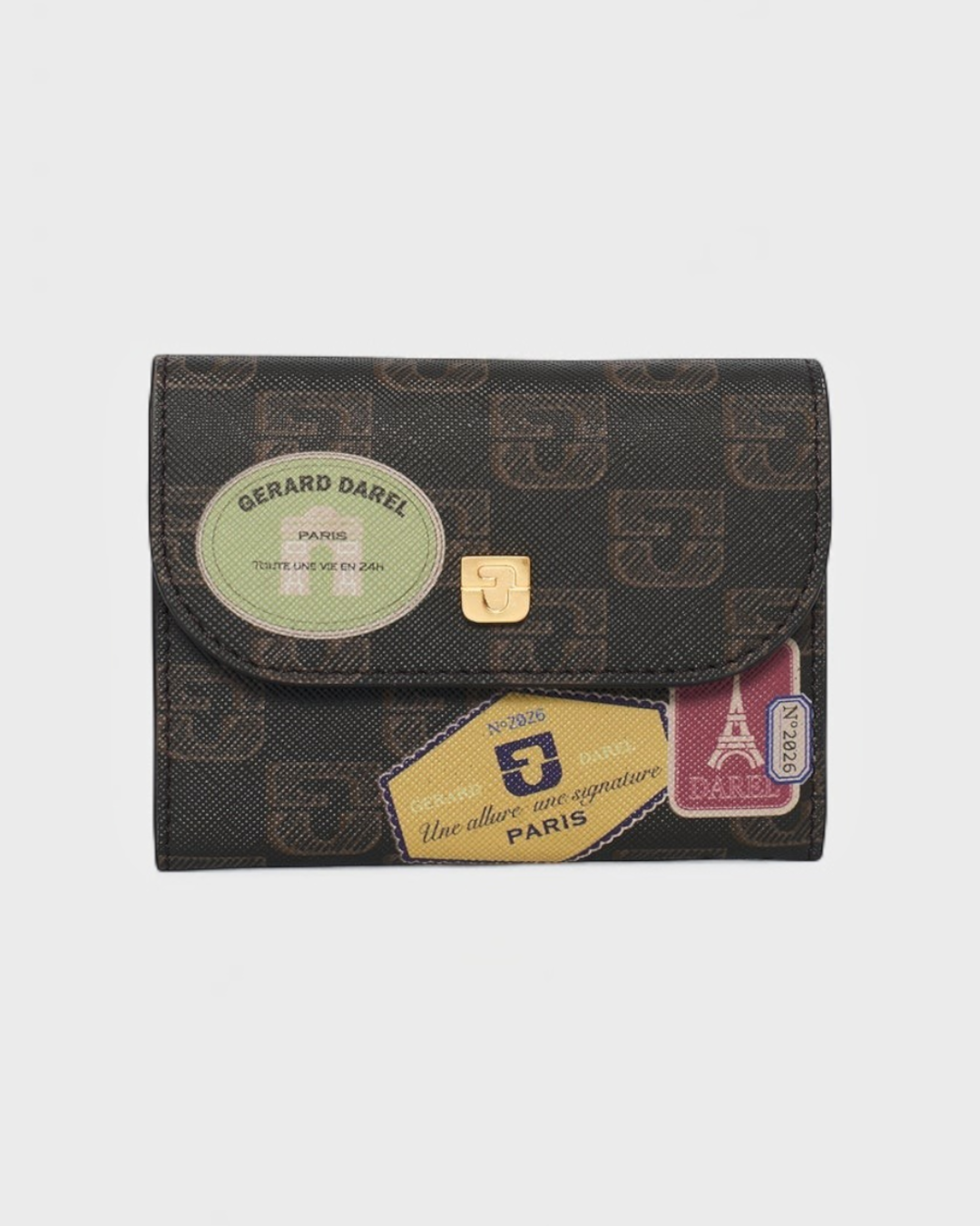 Gerard Darel - Mini Portefeuille En Toile Enduite Et Cuir Signé De Patchs Imprimés Xs - Multicolore
