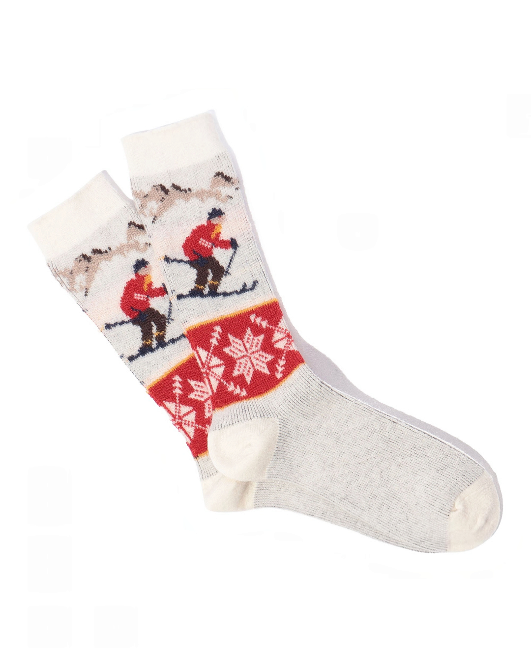 Chaussettes Merci Paris Anonymous ISM en maille jacquard écru avec motif de skieurs et flocons de neige