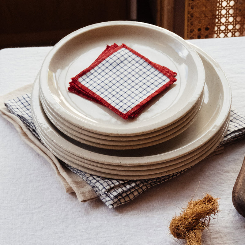 Ensemble de 6 dessous de verre en lin lavé - Carreaux Bleu Shibori