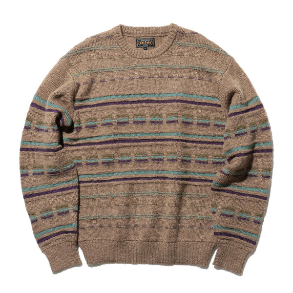 Beams Plus - Pull col rond à rayures jacquard - Marron