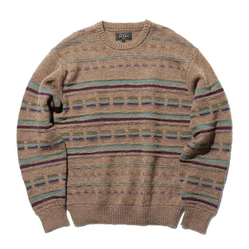 Beams Plus - Pull col rond à rayures jacquard - Marron