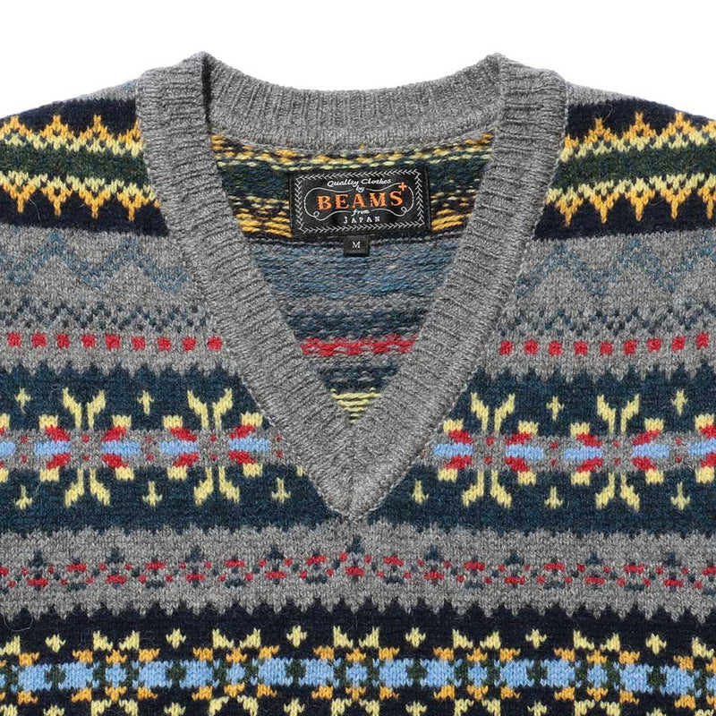 Beams Plus - Gilet motif Fair Isle - Gris