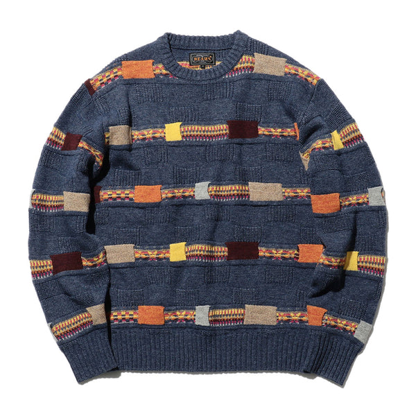 Beams Plus - Pull à col rond à rayures Fair Isle jacquard - Bleu marine