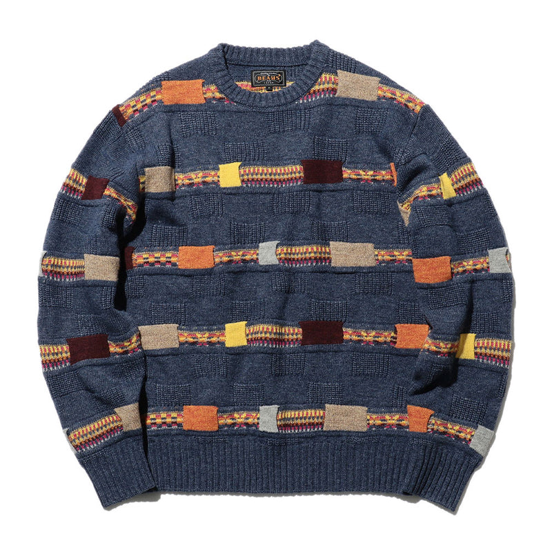 Beams Plus - Pull à col rond à rayures Fair Isle jacquard - Bleu marine