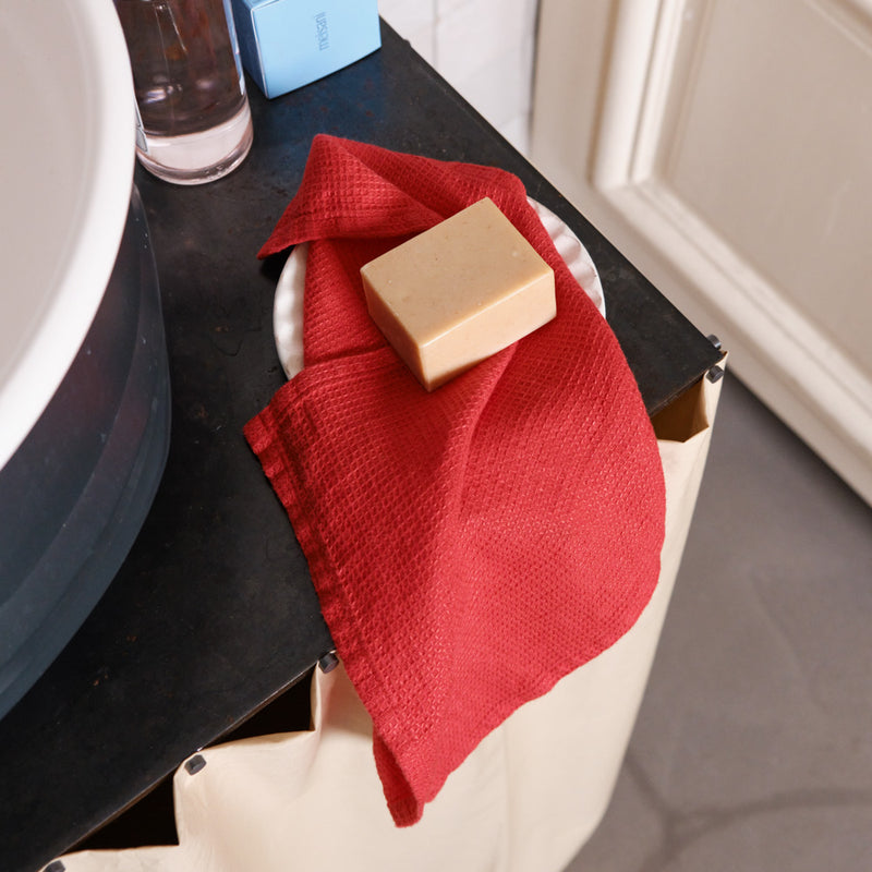 Serviette de bain invité en lin - Nid d'abeille - Rouge Vermillon