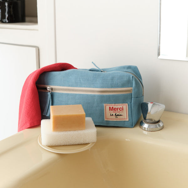 Merci - Trousse de toilette en lin lavé - Bleu Primaire