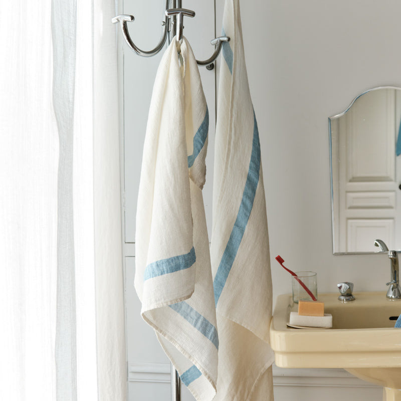 Serviette de bain en lin - Nid d'abeille - Bande Bleu Primaire