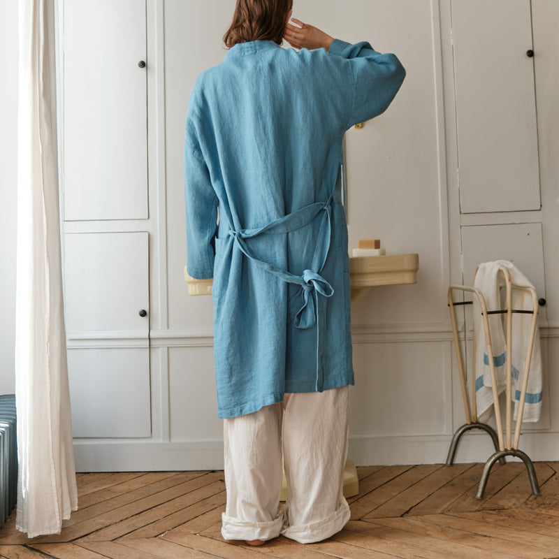 Peignoir en lin - Nid d'abeille - Bleu Primaire