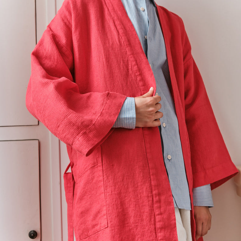 Peignoir en lin - Nid d'abeille - Rouge Vermillon