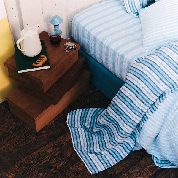 Drap plat en lin lavé - Rayures Palette Bleu Primaire