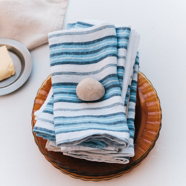 Serviette de table en lin lavé - Rayures Palette Bleu Primaire