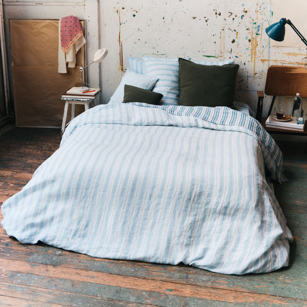 Housse de couette en lin lavé - Rayures Toile Bleu Primaire