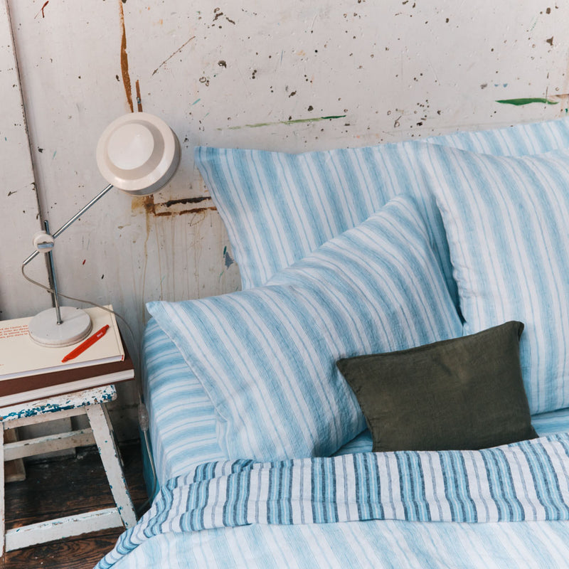 Housse de couette en lin lavé - Rayures Toile Bleu Primaire