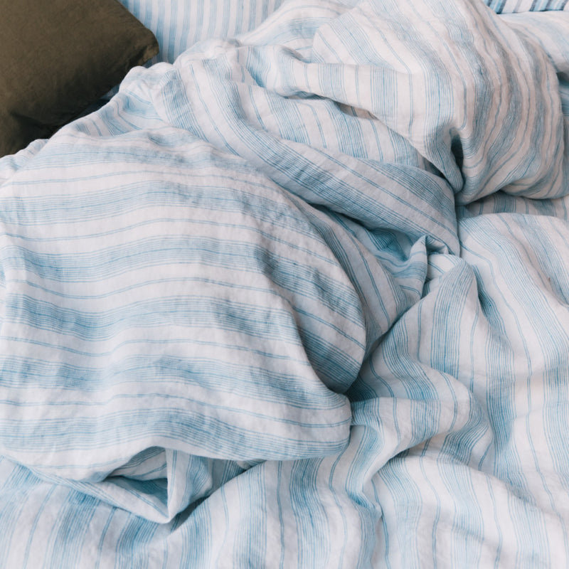 Drap plat en lin lavé - Rayures Toile Bleu Primaire