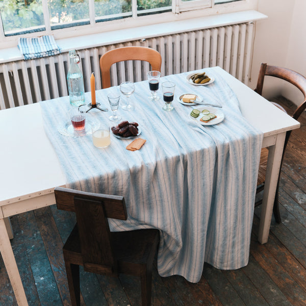 Nappe en lin lavé - Rayures Toile Bleu Primaire