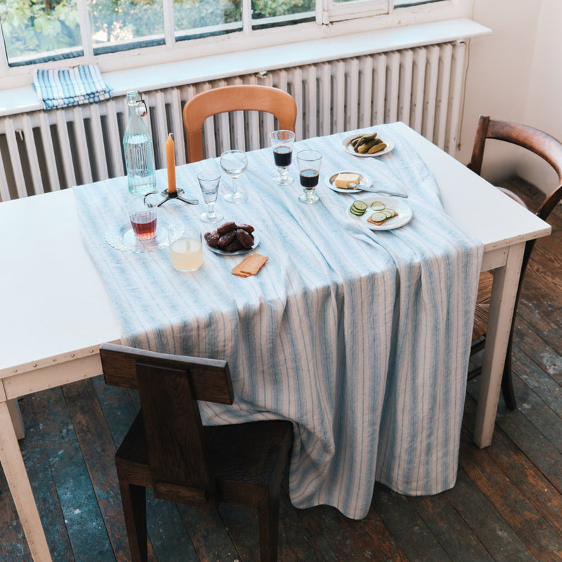 Nappe en lin lavé - Rayures Toile Bleu Primaire