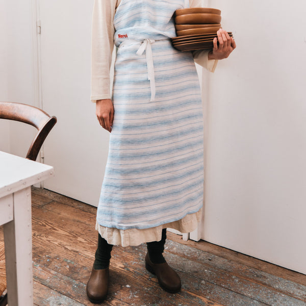 Tablier en lin lavé - Rayures Toile Bleu Primaire