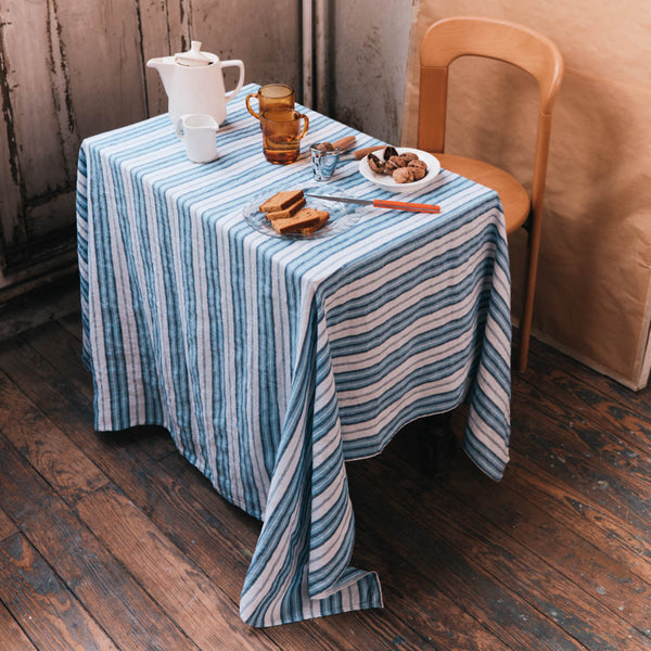 Nappe en lin lavé - Rayures Palette Bleu Primaire