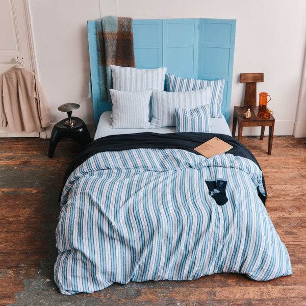 Housse de couette en lin lavé - Rayures Palette Bleu Primaire