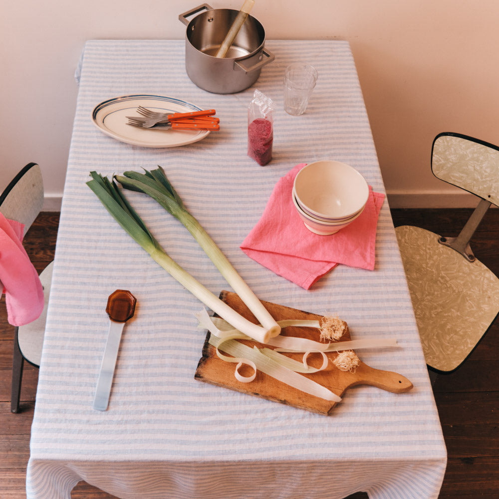 Washed Linen Tablecloth - Primary Blue Paintbrush Stripes