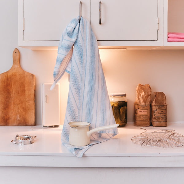 Torchon en lin lavé - Rayures Toile Bleu Primaire