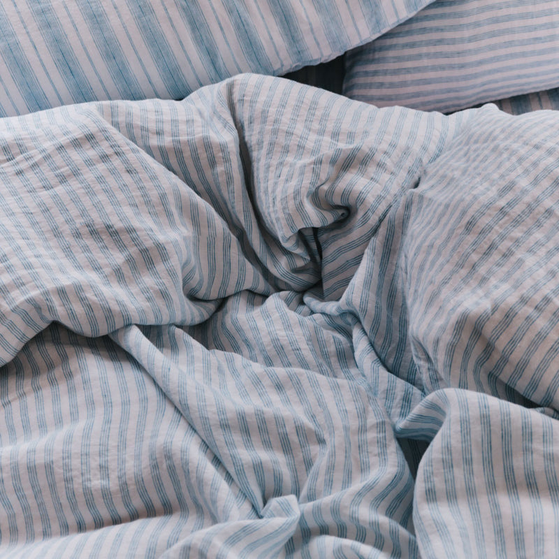 Housse de couette en lin lavé - Rayures Pinceau Bleu Primaire