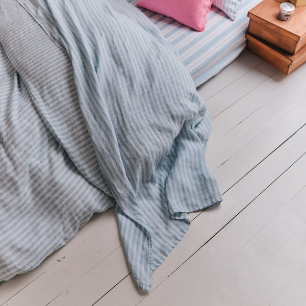 Drap plat en lin lavé - Rayures Pinceau Bleu Primaire