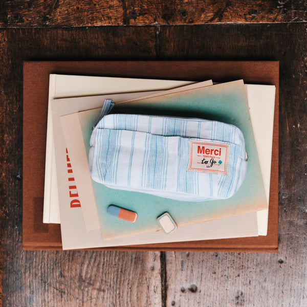Merci - Trousse en lin lavé - Rayures Toile Bleu Primaire