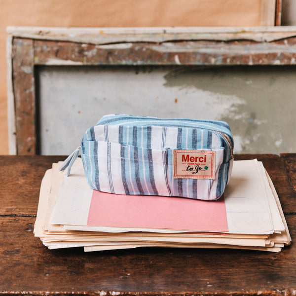 Merci - Trousse en lin lavé - Rayures Palette Bleu Primaire