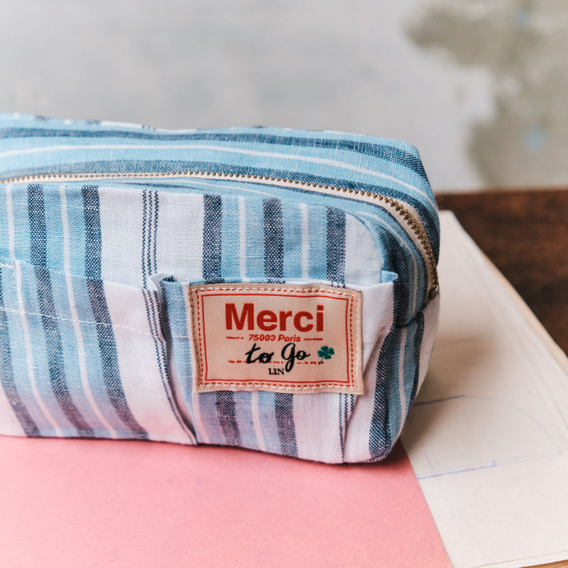 Merci - Trousse en lin lavé - Rayures Palette Bleu Primaire